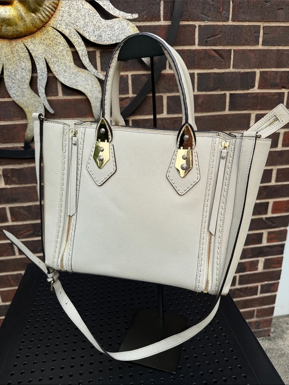 Henri Bendel West 57th Cream Saffiano Leather Satchel Crossbody Bag